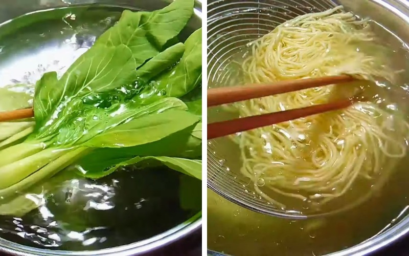 Trụng mì và rau cải thìa