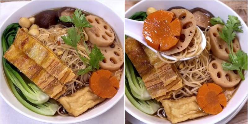 Thành phẩm một bát mì vịt tiềm chay thơm ngon, nóng hổi, bổ dưỡng