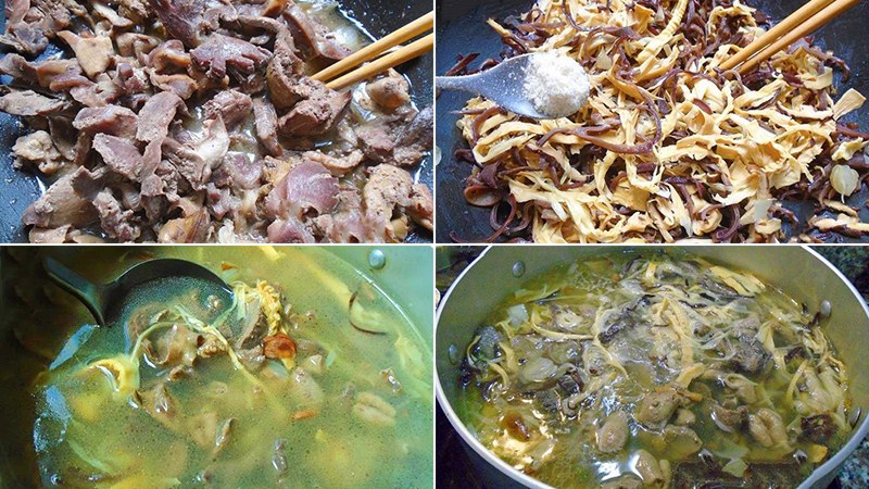Tiến hành xào nguyên liệu miến và nấm