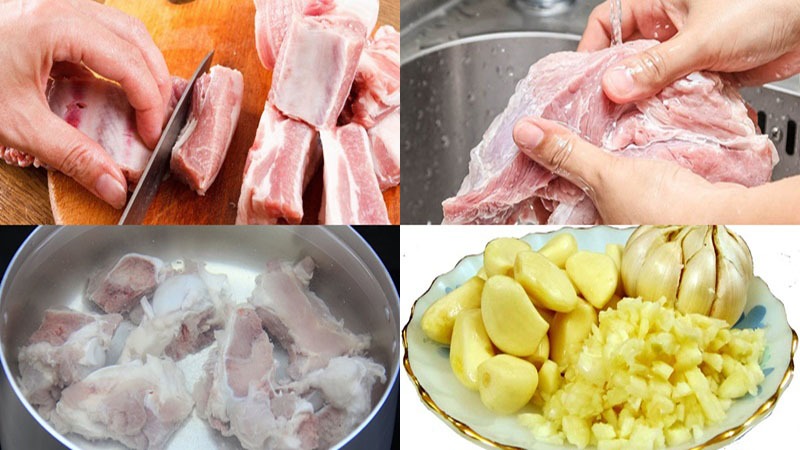 Sơ chế sườn heo: cắt khúc, rửa sạch, luộc sơ và chuẩn bị tỏi gừng băm