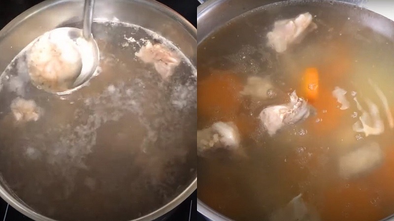 Nồi nước dùng đang nấu sườn heo và rau củ