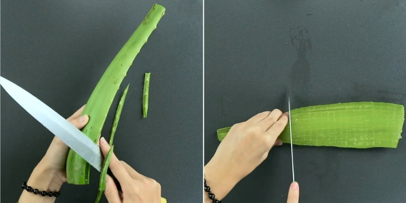 Gọt bỏ gai và tách vỏ lá nha đam