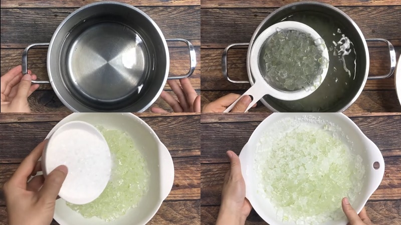 Luộc, rửa và ngâm nha đam với đường cho giòn ngọt