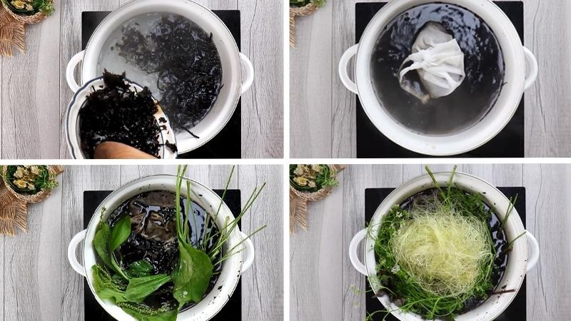 Nấu nước rong biển với râu bắp, lá