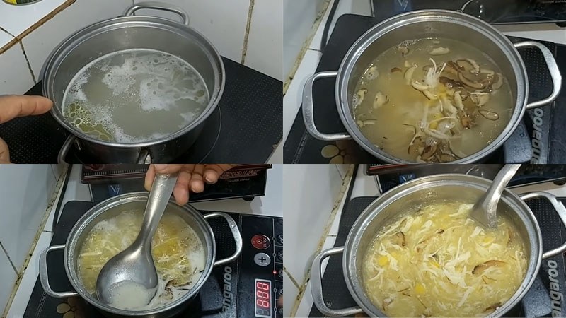Công đoạn nấu súp gà với ngô và nấm