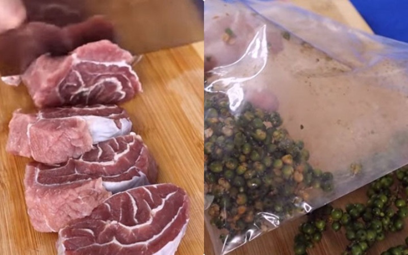 Thái thịt bò và tách hạt tiêu