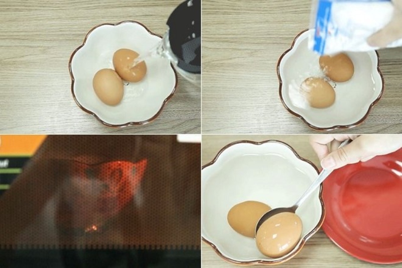 Đổ nước vào tô để chuẩn bị luộc trứng bằng lò vi sóng