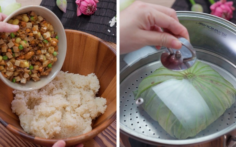 Cho xôi ra tô, trộn đều với phần nhân bát bửu