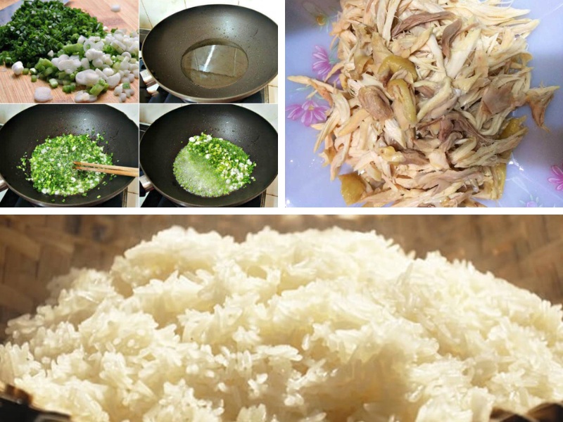 Xôi đã được hông, gà được xé nhỏ và hành phi thơm