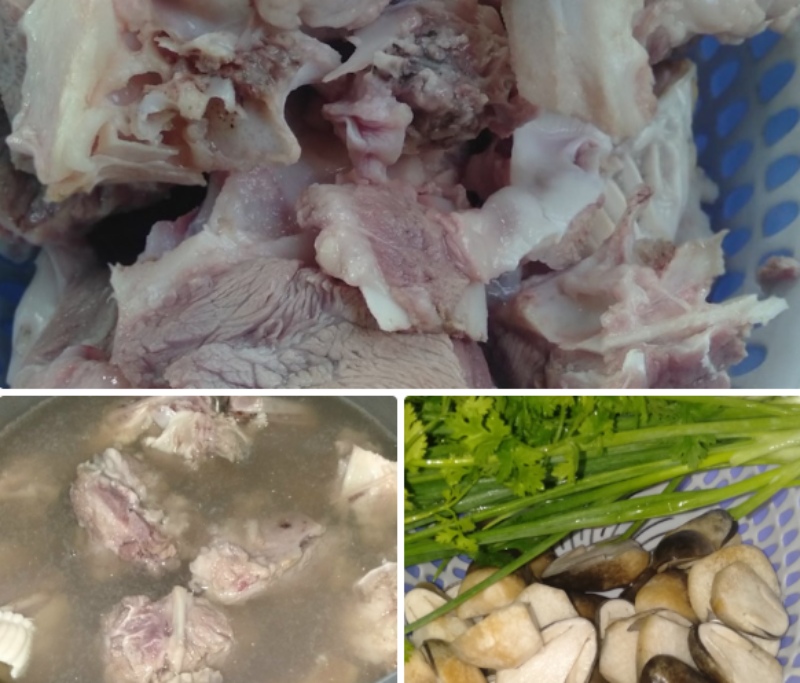 Sơ chế xương đầu heo và rau thơm