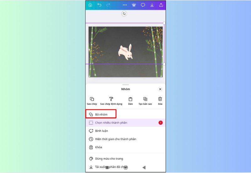 Thao tác Bỏ nhóm trên Canva điện thoại