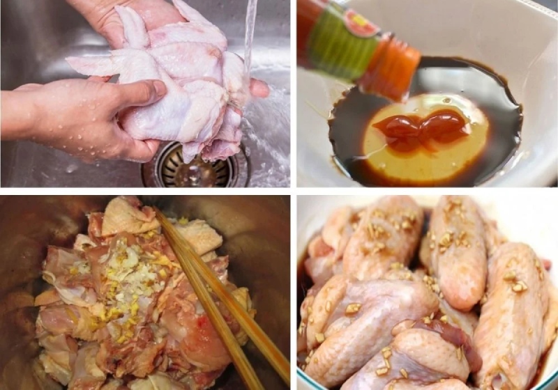 Rửa gà sạch và chuẩn bị nguyên liệu ướp đầy đủ