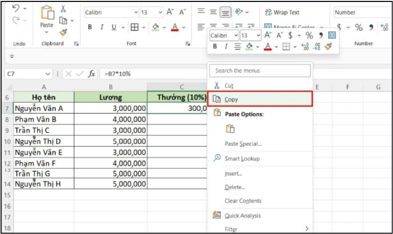 Menu chuột phải và nhấn Copy