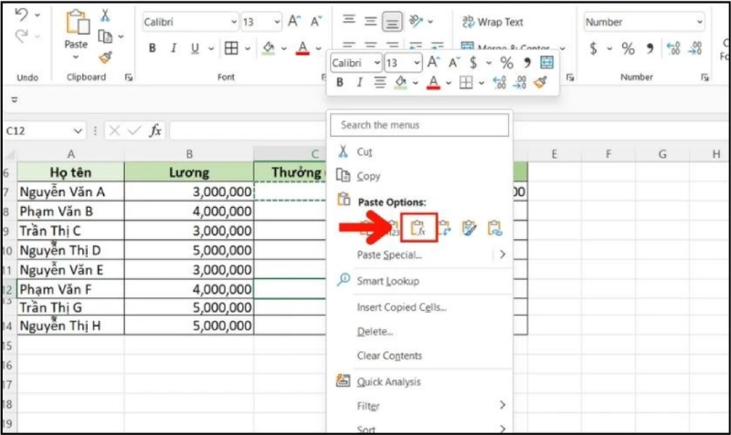 Chọn biểu tượng Paste Formulas