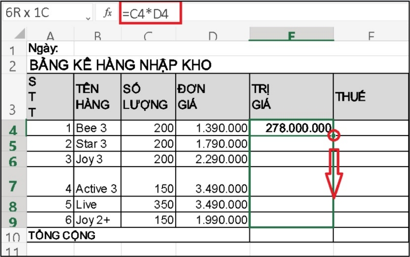Sao chép công thức trong Excel bằng Fill Handle
