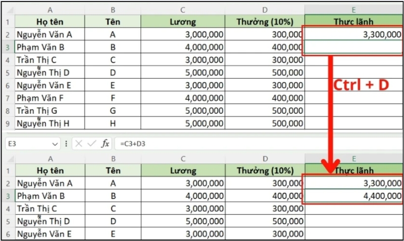 Sử dụng phím tắt Ctrl+D để sao chép công thức xuống dòng dưới