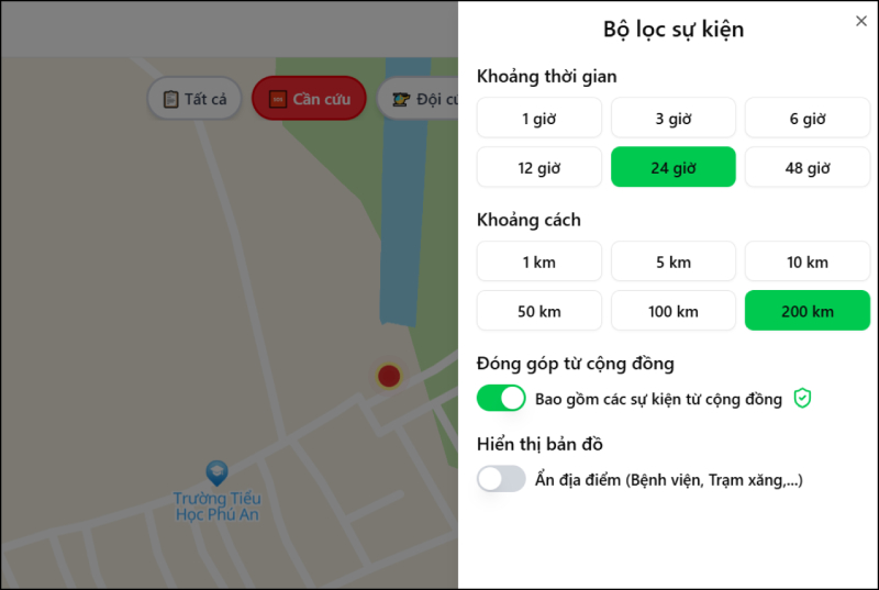 Bộ lọc sự kiện cho phép chọn thời gian, khoảng cách và đóng góp từ cộng đồng