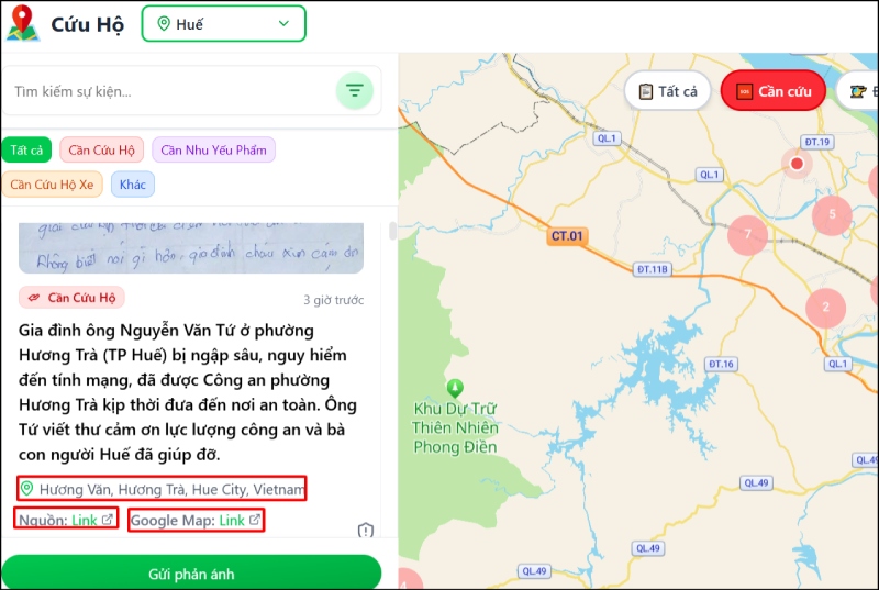 Giao diện chi tiết sự kiện cứu hộ, có liên kết vị trí và nguồn bản đồ