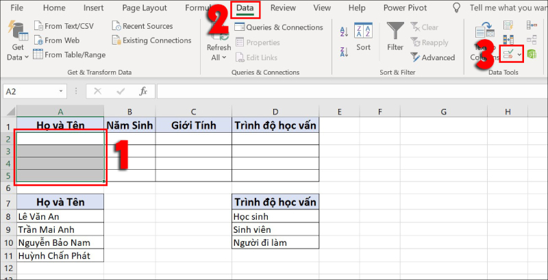 mở tab Data và kích hoạt Data Validation trong Excel