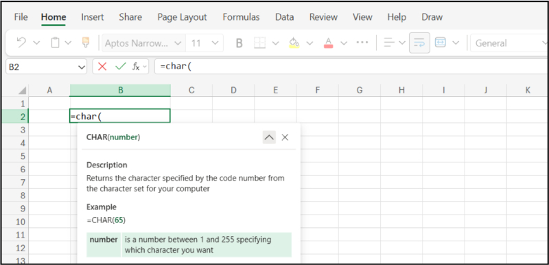 giao diện nhập công thức hàm CHAR trong Excel