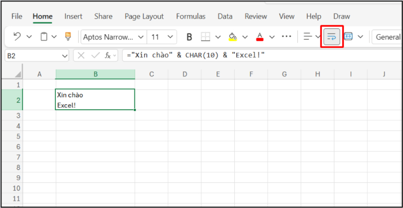 dùng CHAR(10) để xuống dòng trong ô Excel