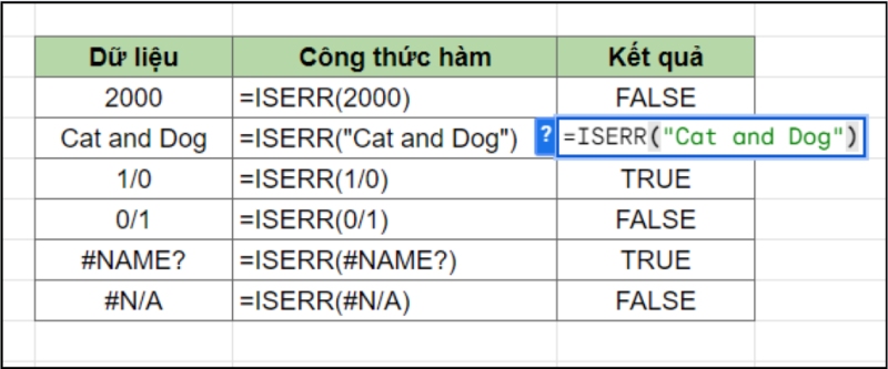 Ví dụ sử dụng hàm ISERR với nhiều loại dữ liệu