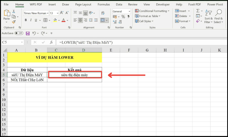 Kết quả hiển thị chữ thường sau khi áp dụng hàm LOWER