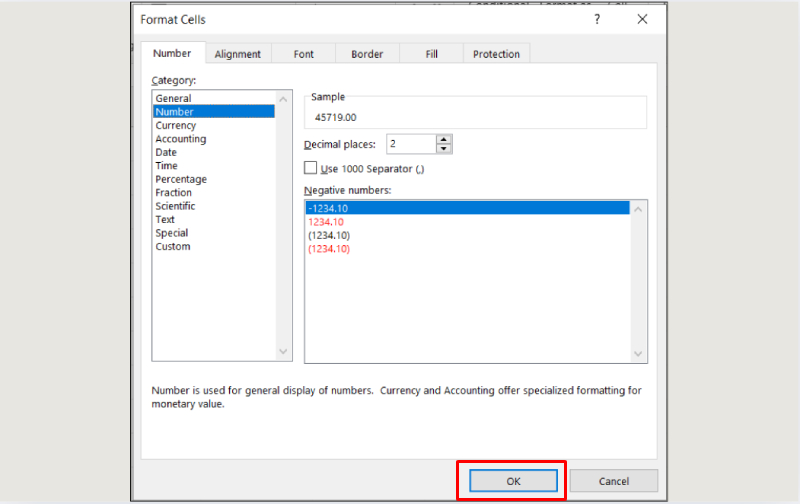 Hộp thoại Format Cells để đổi định dạng dữ liệu sang Number