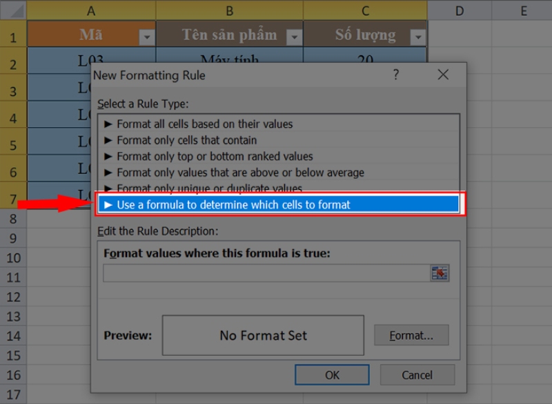 Chọn tùy chọn dùng công thức để định dạng ô