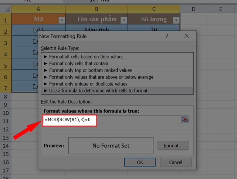 Nhập công thức MOD để tô màu hàng theo điều kiện