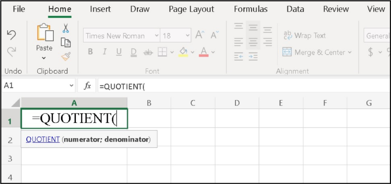 Nhập hàm QUOTIENT trong ô Excel