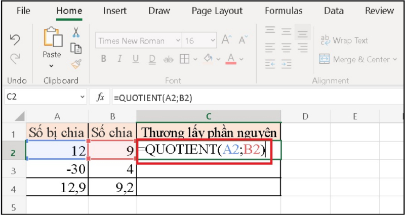 dùng QUOTIENT(A2,B2) để tính thương lấy phần nguyên từ hai ô dữ liệu
