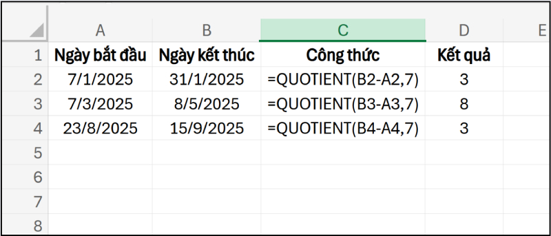 Tính số tuần giữa hai ngày bằng công thức QUOTIENT