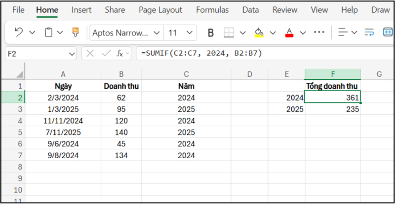 Tính tổng doanh thu theo năm bằng hàm SUMIF trong Excel