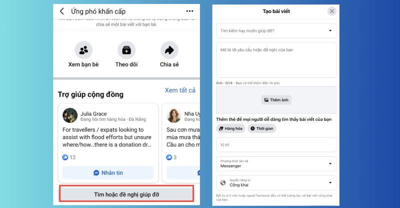 Giao diện tạo bài viết tìm hỗ trợ trong ứng phó khẩn cấp Facebook