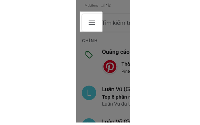 mở ứng dụng Gmail và truy cập vào dấu ba gạch
