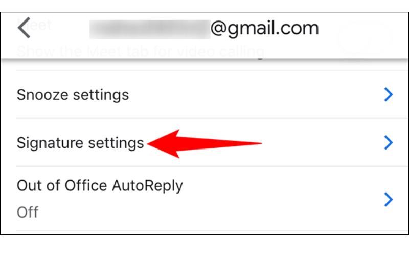 chọn signature settings trong phần cài đặt