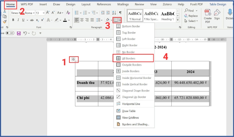 Khắc phục lỗi mất dòng kẻ trong bảng Word bằng cách điều chỉnh Border