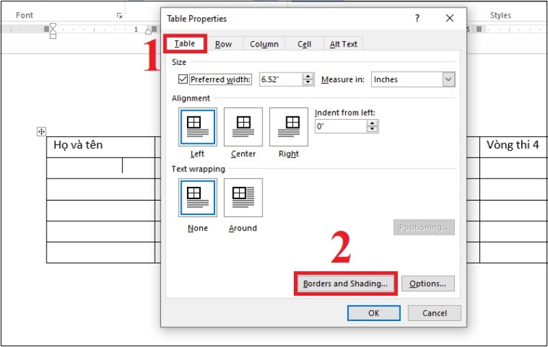 Sửa lỗi bảng trong Word mất dòng kẻ bằng Border trong Table Properties