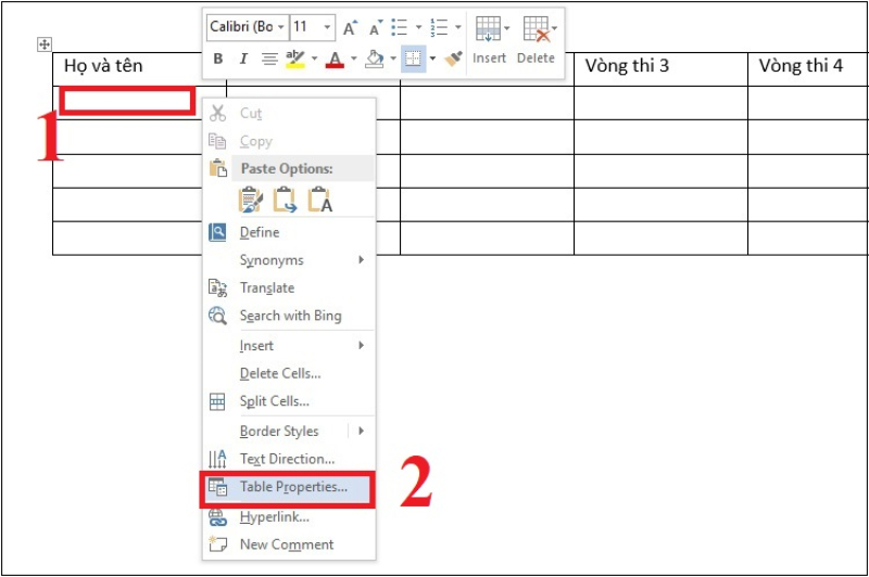 Tùy chọn Table Propertiestrong Word