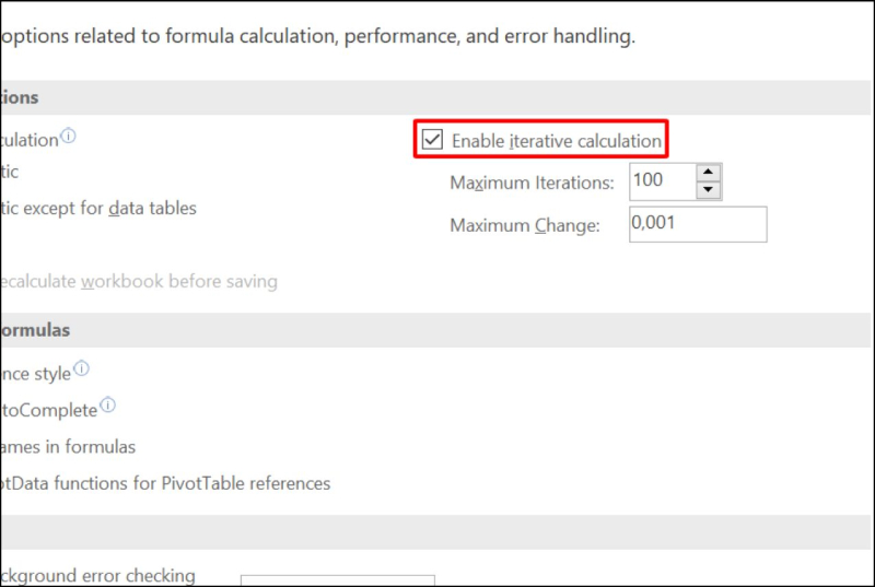 Bật tùy chọn Enable iterative calculation trong Excel