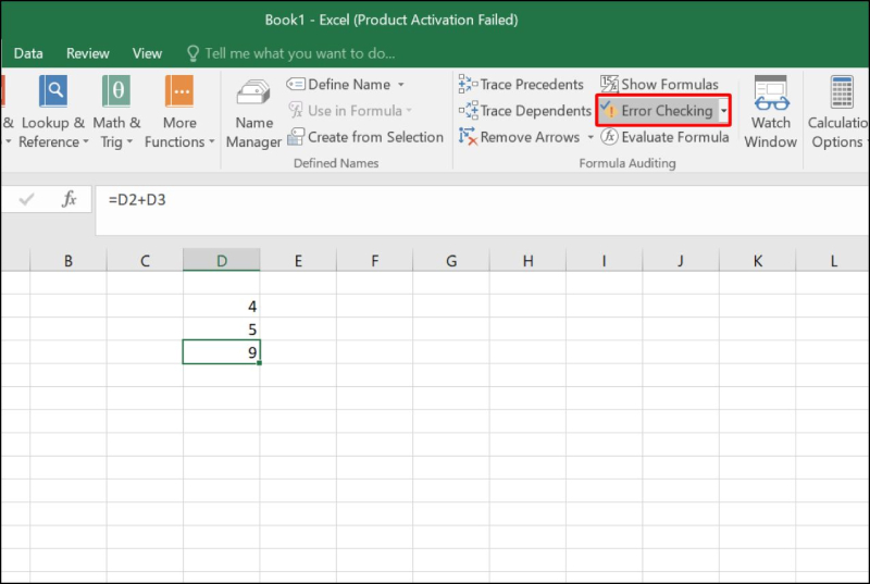 Mở mục Error Checking trong tab Formulas của Excel
