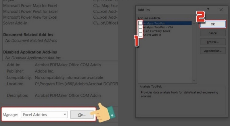 Vào mục Excel Add-ins để tắt tính năng Add-ins