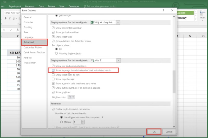 Tắt tùy chọn hiển thị công thức để sửa lỗi không nhảy kết quả Excel