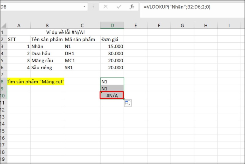 Lỗi #N/A trong Excel do không cố định vùng tra cứu khi sao chép công thức