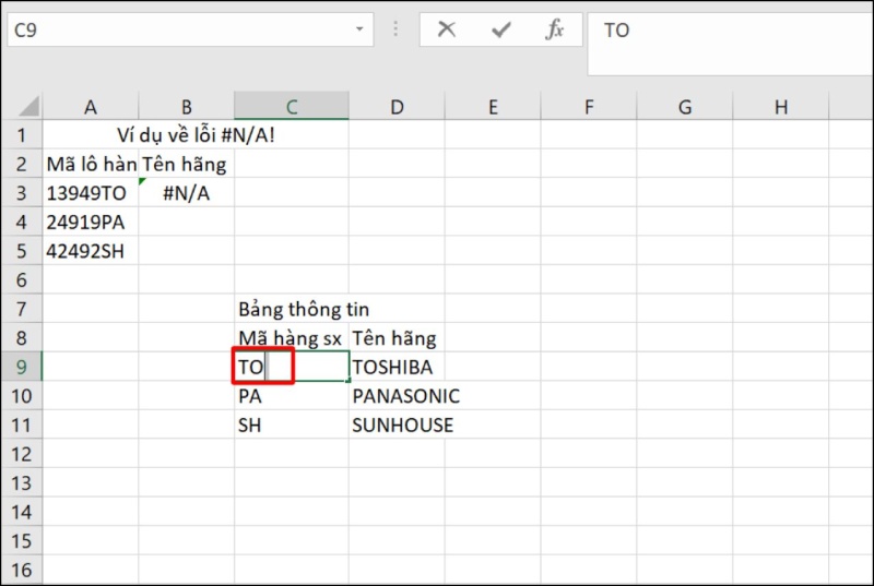 Nguyên nhân gây ra lỗi #N/A