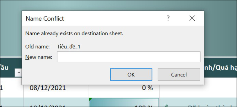 Hộp thoại Name Conflict yêu cầu nhập tên mới cho phạm vi trùng