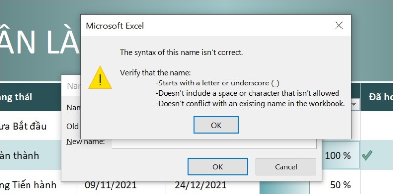 Thông báo lỗi cú pháp sai khi đặt tên phạm vi trong Excel