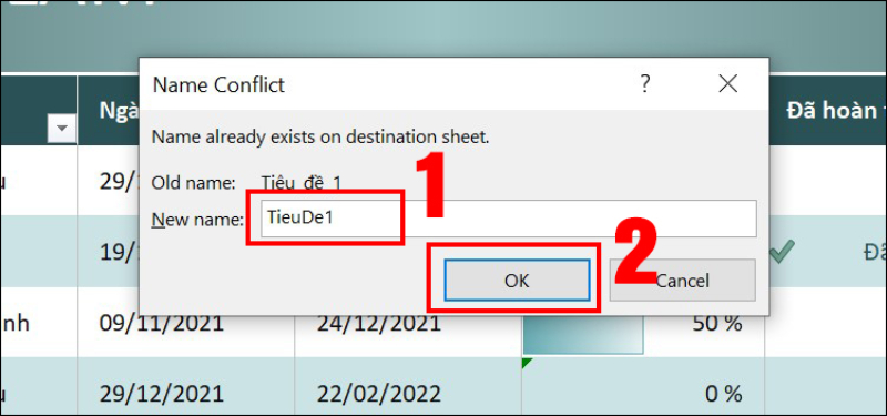 Đổi tên phạm vi thành TieuDe1 trong hộp thoại Name Conflict