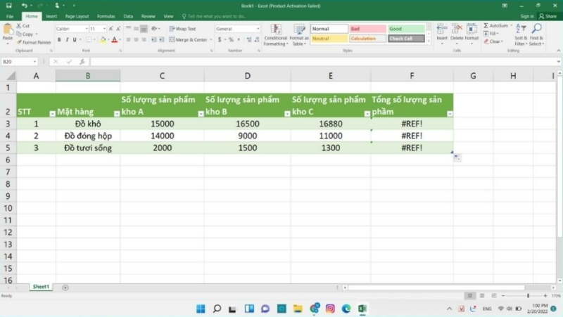 Lỗi #REF! xuất hiện khi sao chép công thức trong bảng kho hàng